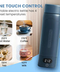 On The Go Travel Electric Kettle Compact Mini Water Boiler 316 Stainless Steel Interior 16.9 Oz Capacity Four Temperature Settings Fast Boil Auto Shut Off Boil Dry Protection Blue Spruce Finish with digital temperature display and temperature settings for boil water, coffee, tea, and milk.