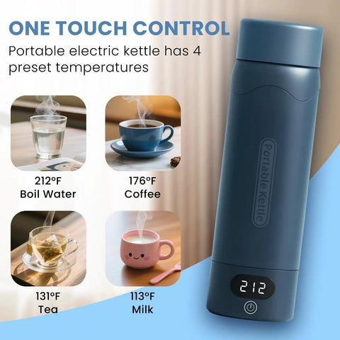On The Go Travel Electric Kettle Compact Mini Water Boiler 316 Stainless Steel Interior 16.9 Oz Capacity Four Temperature Settings Fast Boil Auto Shut Off Boil Dry Protection Blue Spruce Finish with digital temperature display and temperature settings for boil water, coffee, tea, and milk.