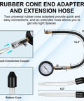 Gas Engine Cylinder Compression Tester Kit 8 Piece Auto Gauge Set Pro Grade shown with rubber cone adapters and extension hose.