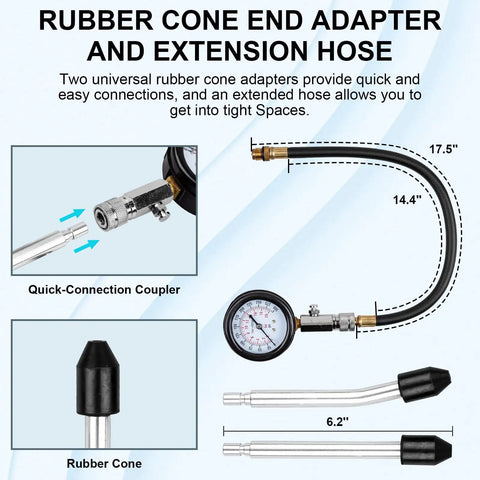 Gas Engine Cylinder Compression Tester Kit 8 Piece Auto Gauge Set Pro Grade shown with rubber cone adapters and extension hose.