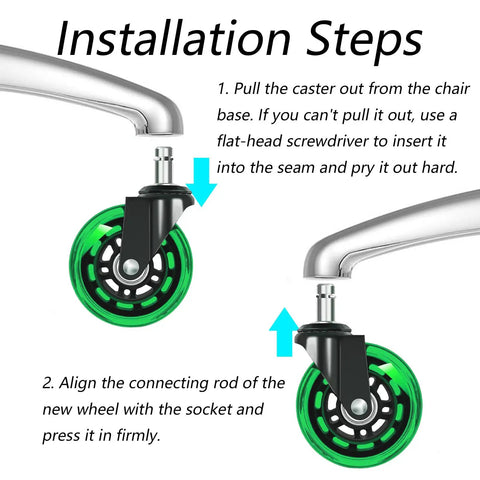 Installation steps for Heavy Duty 3 Inch Office Chair Wheels Replacement Set Of 5 Green Polyurethane Swivel Casters.