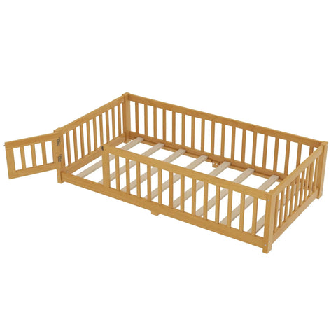 Twin Montessori Floor Bed Frame In Natural Pine With Attached Safety Fence Gate Low Profile Design showing open safety gate.