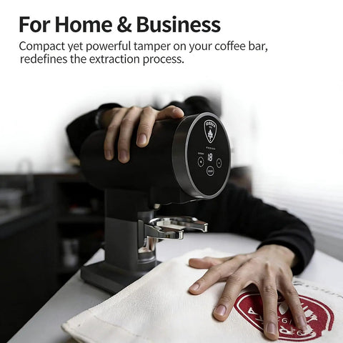 Level Up Your Morning Brew Routine With This Dead Nuts Automatic Coffee Tamper For 58mm Portafilters featuring a sleek digital tamper on a countertop.