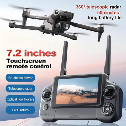 8K GPS Drone With 7.2 Inch Touch Screen Remote, 3 Axis Gimbal With EIS, showcasing dual battery kit for pros and hobbyists.