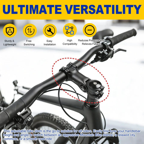 Adjustable Bike Stem 31.8mm Clamp With 100mm Or 120mm Length And 60 Degree Riser on a bicycle, shown in close-up with handlebar extension.