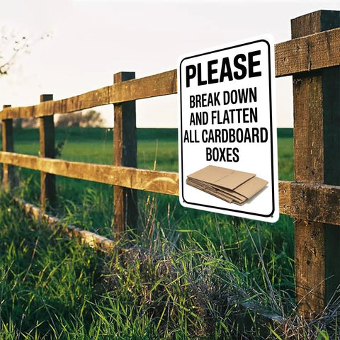 Metal Cardboard Recycle Sign 8 By 12 Inches Tough As Nails Heavy Duty All Weather Outdoor Indoor Durable Black And White Design Waterproof UV Resistant Dust Proof For Home And Shop Use, mounted on fence