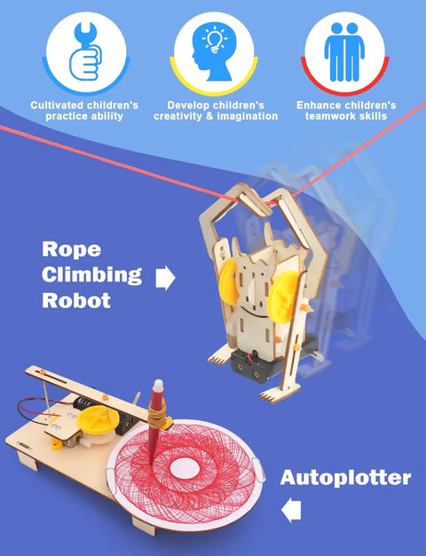 Six In One STEM Toys Kit For Kids Aged Eight To Twelve with Rope Climbing Robot and Autoplotter building projects