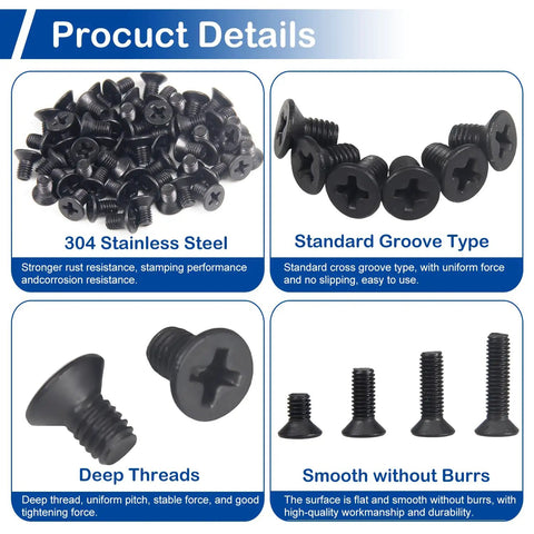 M6 X 12mm Phillips Countersunk Machine Screws 304 Stainless Steel Set 35 Pack Flat Head Hardware for Electronics and DIY Projects Durable Corrosion Resistant Easy Installation, black screws