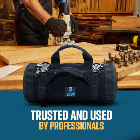 Heavy Duty Tool Roll For Pros With Ultra Durable Water Resistant And Grease Resistant Fabric Reinforced Seams And Massive Interior Storage