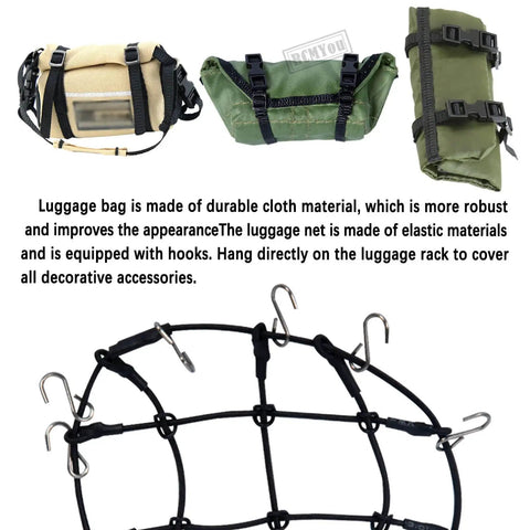 RC Car Upgrade Parts For 1/18 TRX4M And 1/24 SCX24 Realistic Dope Luggage Net Kit with bags, hooks, and green gear pack.