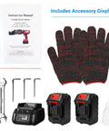 Loschen Cordless Rebar Cutter With 360 Degree Rotation, Portable Electric Hydraulic Saw accessories including gloves, manual, batteries.