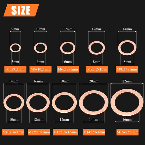 Copper Washers Kit 220 Pieces Ten Sizes M5 M6 M8 M10 M12 M14 M16 Flat Sealing Washers For Tight Seals Metric Quality High Temp