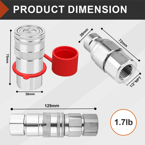 Front view of silver Rpeconu 1/2'' NPT skid-steer hydraulic quick coupler with red dust covers (ISO 16028)