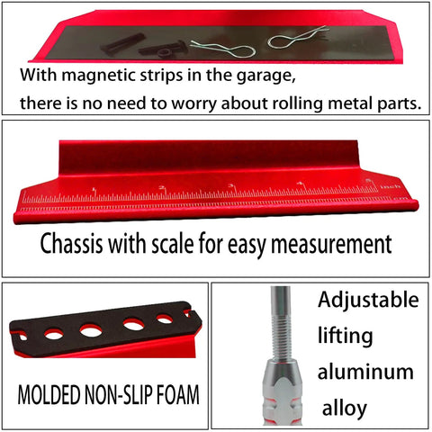 All In One RC Car Repair Stand With 360 Degree Rotation, 523 Piece Screw Kit, showing magnetic strips, chassis scale, and aluminum parts.