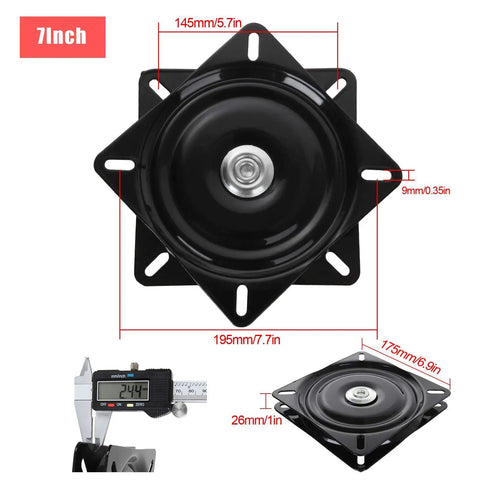 Heavy Duty 7 Inch Square Bar Stool Swivel Plate, black steel design with precise measurements for smooth rotation.