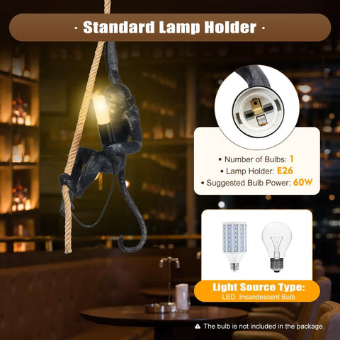Vintage Resin Hemp Rope Monkey Chandelier Pendant Lamp With Edison Style Bulb Fixture E26 hanging in a bar setting