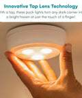 Battery Powered Under Cabinet Lights With Tap Technology, Wireless LED Puck Lights being tapped on by a hand for activation.