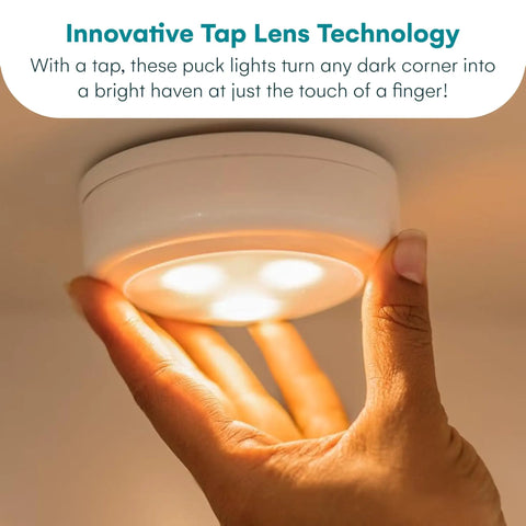 Battery Powered Under Cabinet Lights With Tap Technology, Wireless LED Puck Lights being tapped on by a hand for activation.