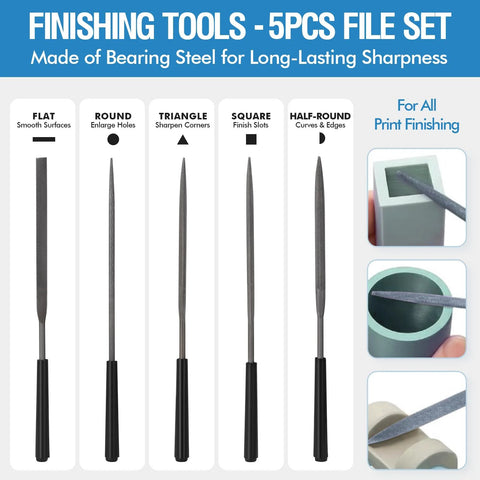 Five metal files with black handles; 3D printer finishing tools set with flat, round, triangle, square, half-round shapes.