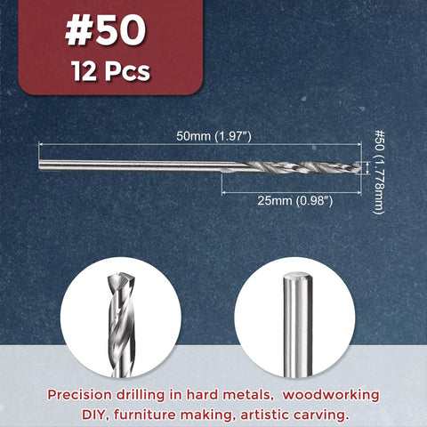 Front view of Kozelo 12-piece drill bit set, #50 diameter 1.778 mm, HSS uncoated