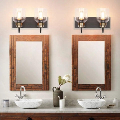 Two Light Bathroom Vanity Lighting Fixture Black And Brushed Gold Farmhouse Style Over Mirror Wall Sconces With Bubble Glass Globes Oil Brushed Bronze Accent Easy Install Durable above two mirrors in bathroom