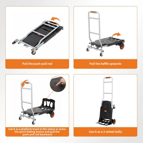 Folding 2-In-1 Hand Truck and Platform Cart for Heavy Duty Loads, 330 Lbs Capacity, Convertible Dolly with 360 Degree Brake Wheels, Lightweight Rustproof Aluminum Steel Frame, folded and upright views
