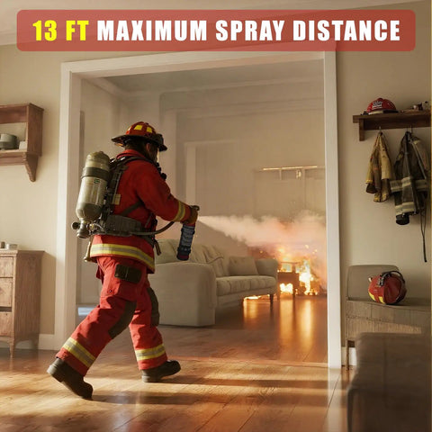 Firefighter using extinguisher with 13 ft range in living room during blaze