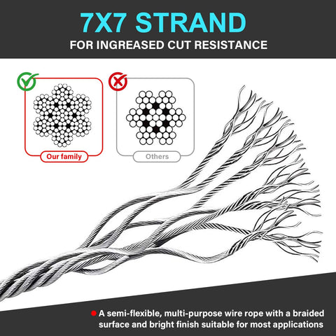 7x7 strand structure of Two Pack Outdoor Travel Security Cable With Loops, Braided Steel Safety Wire, illustrating durability