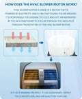 Illustration explaining HVAC blower motor function, air flow direction, and impact on car's air quality and comfort.