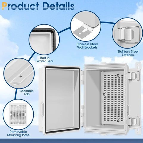 Rugged Outdoor ABS Junction Box IP67 Weatherproof Enclosure With Hinged Cover, mounting plate, and wall brackets detailed view