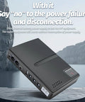Rock Solid 18W DC UPS Power Backup Keeps Your Gear Online When The Grid Drops For Routers And PoE Cameras With 5v 9v 12v Usb Ports And Compact Travel Ready Build, detailed view of black portable power supply.