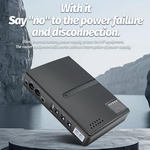 Rock Solid 18W DC UPS Power Backup Keeps Your Gear Online When The Grid Drops For Routers And PoE Cameras With 5v 9v 12v Usb Ports And Compact Travel Ready Build, detailed view of black portable power supply.