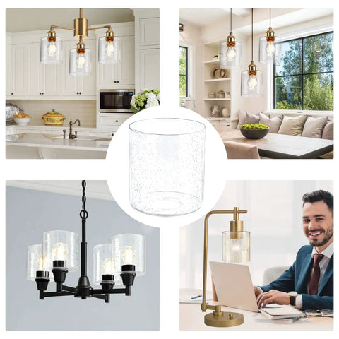 Four Pack Clear Seeded Glass Shades For Pendant Lights And Chandeliers, Cylinder Bubble Glass Lamp Covers, multiple views