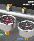 Stainless Steel Liquid Filled Pressure Gauge 0-100 Psi, One Eighth NPT, One Point Five Inch Dial, Back Mount, Glycerin Filled For Smooth Readouts, Beefy Industrial Gauge For HVAC And Plumbing, Includes Quarter NPT And Three Eighths NPT Hex Bushings with 1/4 and 3/8 NPT fittings