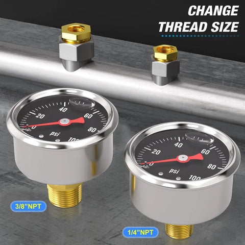 Stainless Steel Liquid Filled Pressure Gauge 0-100 Psi, One Eighth NPT, One Point Five Inch Dial, Back Mount, Glycerin Filled For Smooth Readouts, Beefy Industrial Gauge For HVAC And Plumbing, Includes Quarter NPT And Three Eighths NPT Hex Bushings with 1/4 and 3/8 NPT fittings