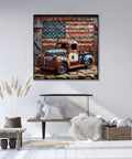5D Diamond Art Kit For Adults Beginners American Flag Full Round Drill Diamond Painting Craft Easy Home Wall Decor 13.7 By 13.7 Inches Paint By Diamonds Stress Relief Family Fun DIY Gem Art depicting vintage truck with American flag in cozy room.