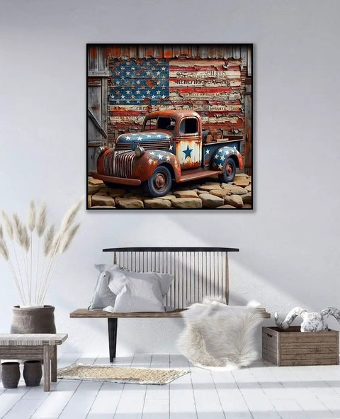 5D Diamond Art Kit For Adults Beginners American Flag Full Round Drill Diamond Painting Craft Easy Home Wall Decor 13.7 By 13.7 Inches Paint By Diamonds Stress Relief Family Fun DIY Gem Art depicting vintage truck with American flag in cozy room.
