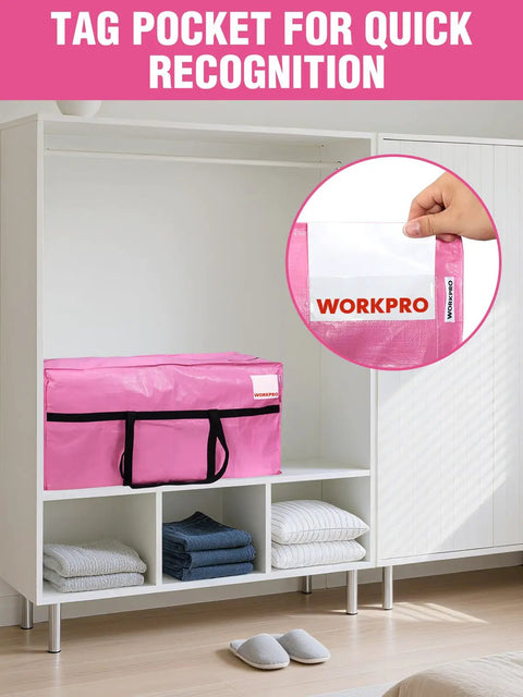 Big Ol 66 Gallon Extra Large Moving Bags With Zippers And Carry Handles Heavy Duty Storage Totes in pink with tag pocket