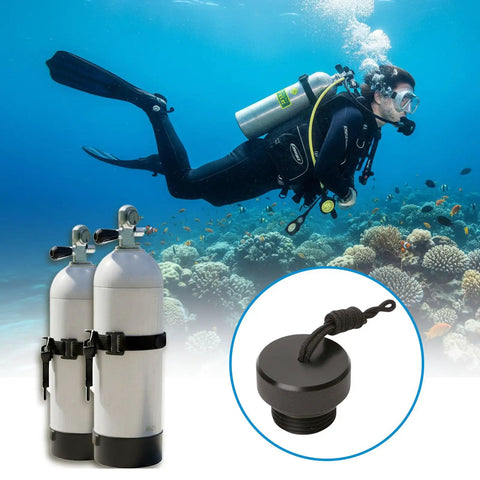 Scuba diver with two tanks and Scuba DIN Plug Dust Cap For First Stage Regulator With Cord Valve Protector Black Plastic Cover