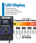 Pro Grade Hot Air Rework Station With Detachable Soldering Gun, 4 Preset Channels, Digital LED Display showing 896°F.