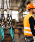 Lift sling straps: three teal 2in x 2ft polyester slings with hooks in workshop; worker in orange safety vest.
