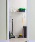 Three Foot Wide Wire Wall Shelf System With Mounting Hardware White Space Saving Organizer with cleaning supplies in closet