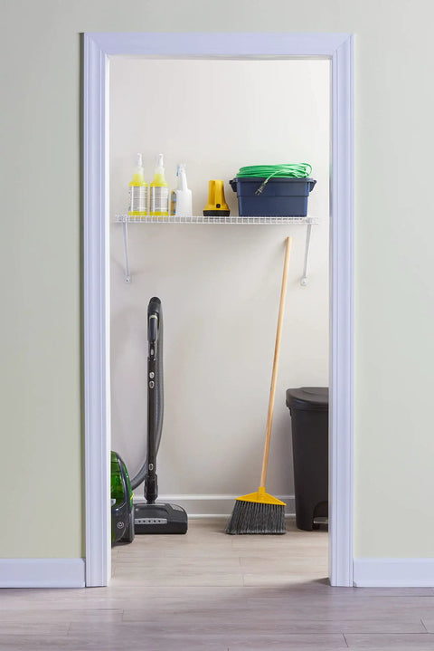 Three Foot Wide Wire Wall Shelf System With Mounting Hardware White Space Saving Organizer with cleaning supplies in closet