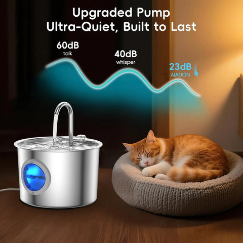 No Brainer Cat Water Fountain In Premium 304 Stainless Steel With 2.2L Detachable Tank Easy To Clean Automatic Pet Fountain Quiet Indoor Dispenser next to sleeping cat
