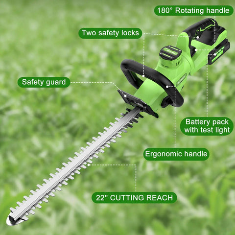 Cordless 22 Inch Hedge Trimmer With Two 2Ah Batteries 20V Power 3000 RPM 180 Degree Rotating Handle Dual Safety Lock