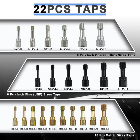 22 piece taps set from 49 Piece Rethread Repair Tool Kit With Taps Dies And Files For UNC UNF And Metric Threads Master Pro Grade