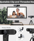 Crystal Clear 1080P HD Webcam With Four Noise Blocking Mics And Dual Built In Speakers Adjustable Wide Angle Lens on monitor and tripod.