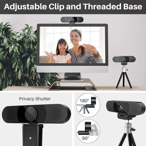 Crystal Clear 1080P HD Webcam With Four Noise Blocking Mics And Dual Built In Speakers Adjustable Wide Angle Lens on monitor and tripod.