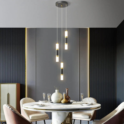 Modern Kitchen Pendant Lighting Over Island With Dimmable 3 Light LED Mini Pendant Fixtures In Black Gold Finish hanging over dining table