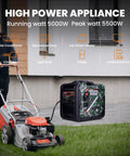 Powerful 5500W Inverter Generator Portable Gas Powered With Electric Start And Wheel Kit EPA Compliant RV Ready next to lawn mower.